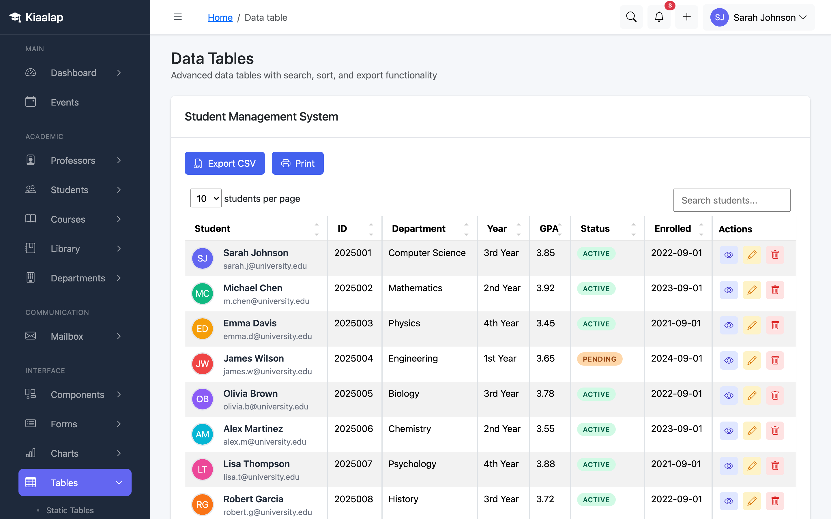 Kiaalap Data Tables page